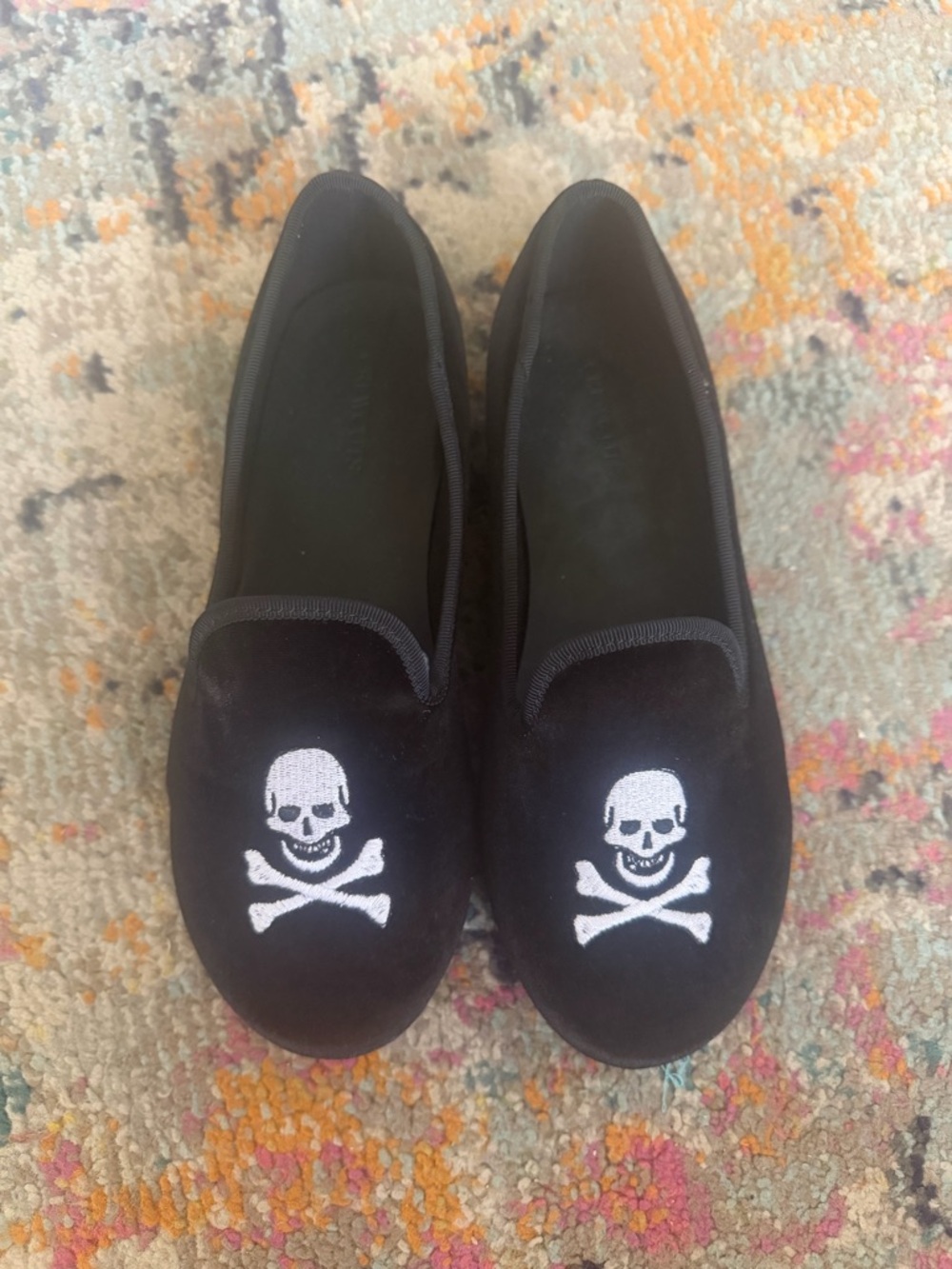 J. Crew Black Kids Velvet Loafers with White Skull & Crossbones